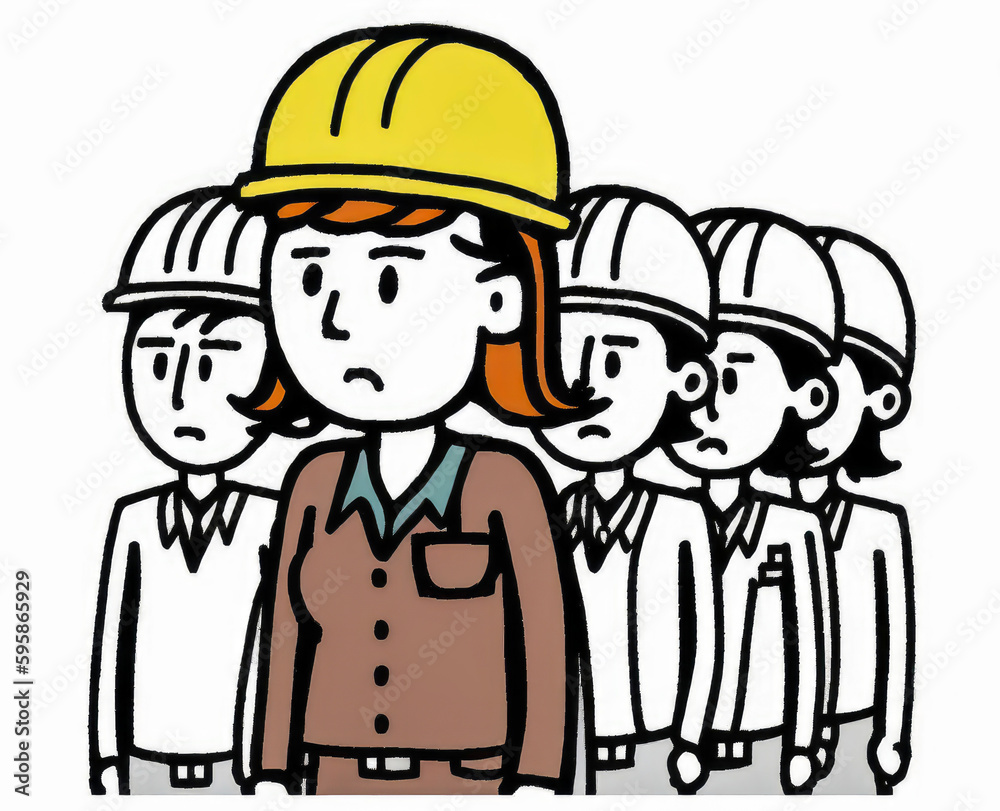 Female team leader wearing a hard hat, surrounded by colleagues. Image representing safety and professionalism for construction and manual labor jobs. Generative AI Female team leader wearing a hard hat, surrounded by colleagues. Image representing safety and professionalism for construction and manual labor jobs. Generative AI