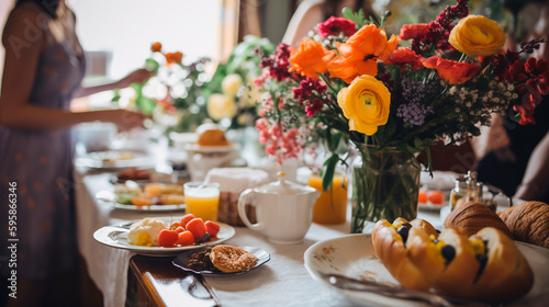 Brunch table with flowers and woman in the background soft focus. Generative AI,