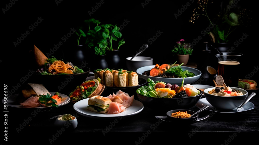 beautiful restaurant food on a black background. Generative AI, beautiful restaurant food on a black background. Generative AI,