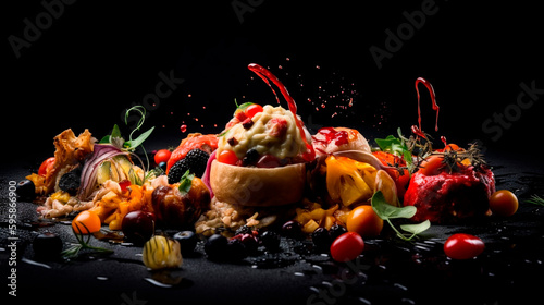 beautiful restaurant food on a black background. Generative AI,