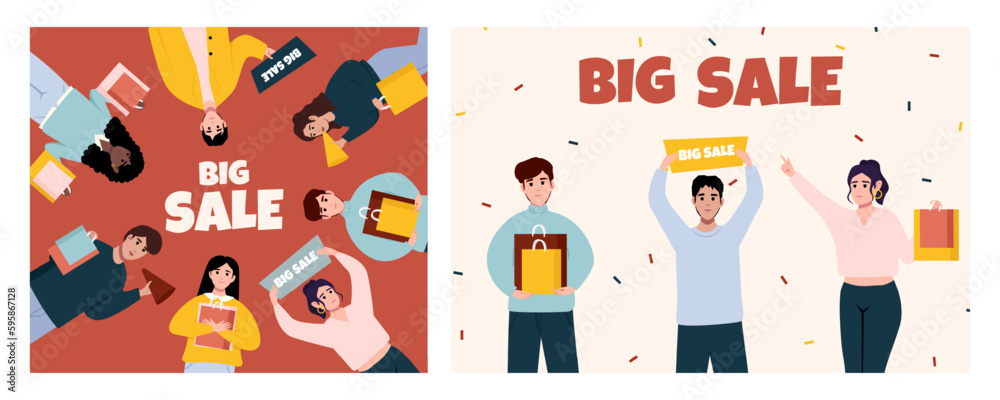 Ad backgrounds for shopping event promotion. Sale and discount concept. Sale banners designs. People announcing price off Ad backgrounds for shopping event promotion. Sale and discount concept. Sale banners designs. People announcing price off