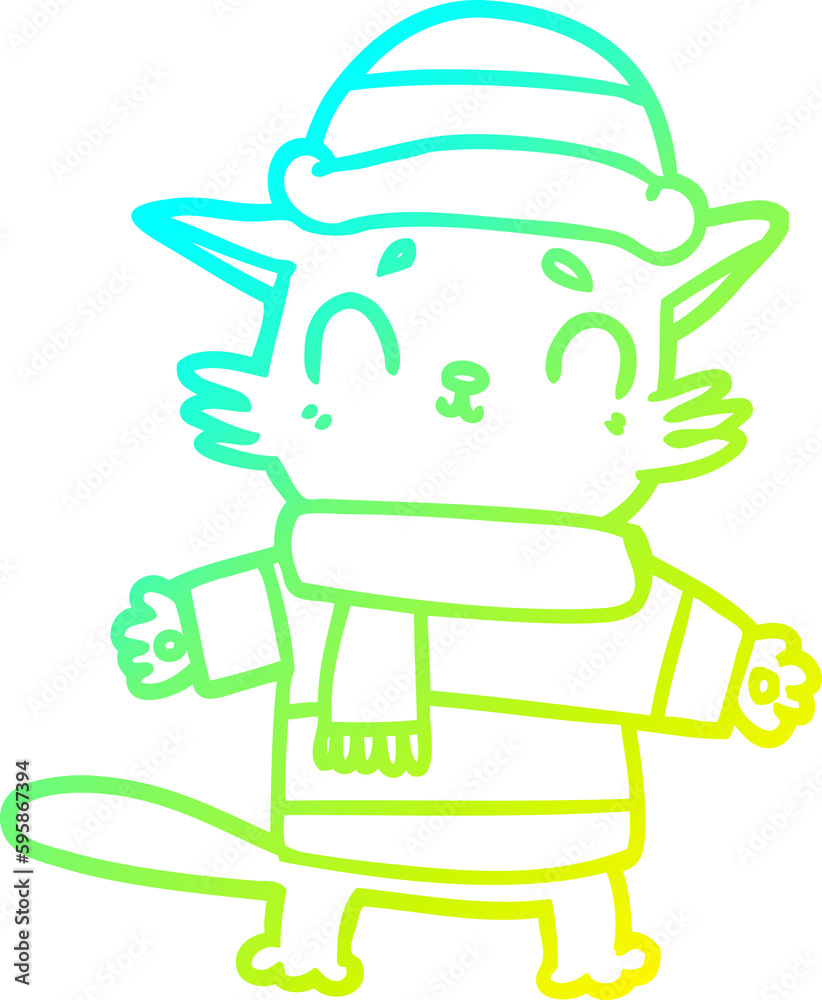 cold gradient line drawing of a cartoon cat in winter clothes cold gradient line drawing of a cartoon cat in winter clothes