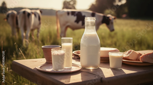Fotografia a bottle of milk, a glass of milk and a plate of cheese on a table in front of a field of cows