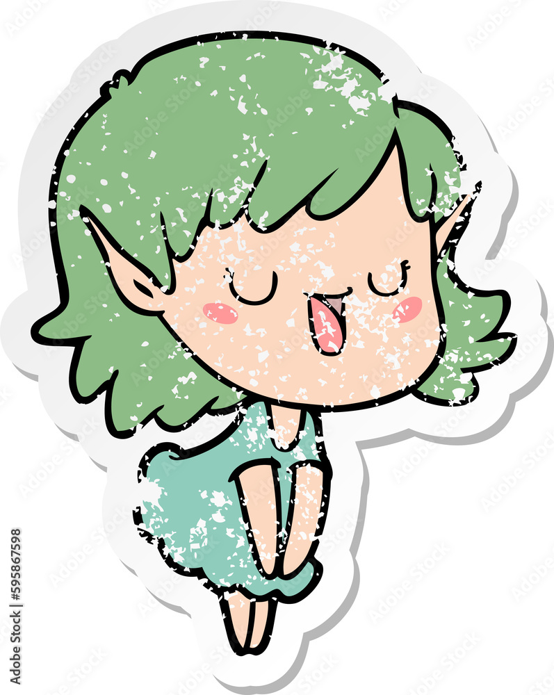 distressed sticker of a cartoon elf girl distressed sticker of a cartoon elf girl