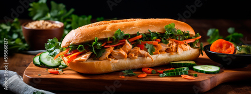 Delicious banh mi stuffed with tender grilled chicken and crispy vegetables. Generative AI,