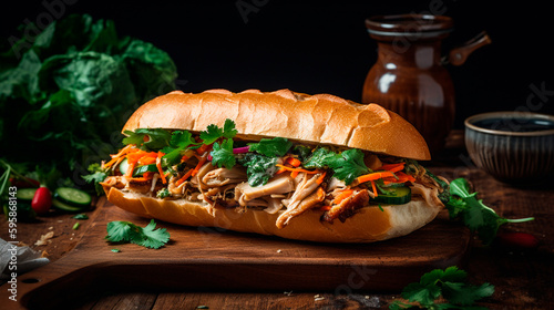 Delicious banh mi stuffed with tender grilled chicken and crispy vegetables. Generative AI,