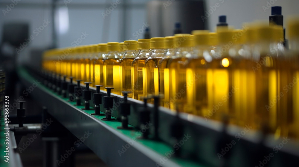Sunflower oil on a tape at the plant. Generative AI,