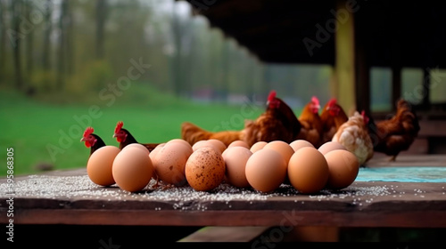 eggs on the table table in front of a field of chickens. Generative AI,