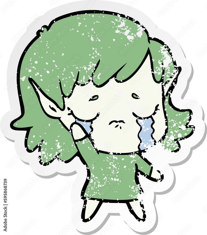 distressed sticker of a cartoon crying elf girl distressed sticker of a cartoon crying elf girl