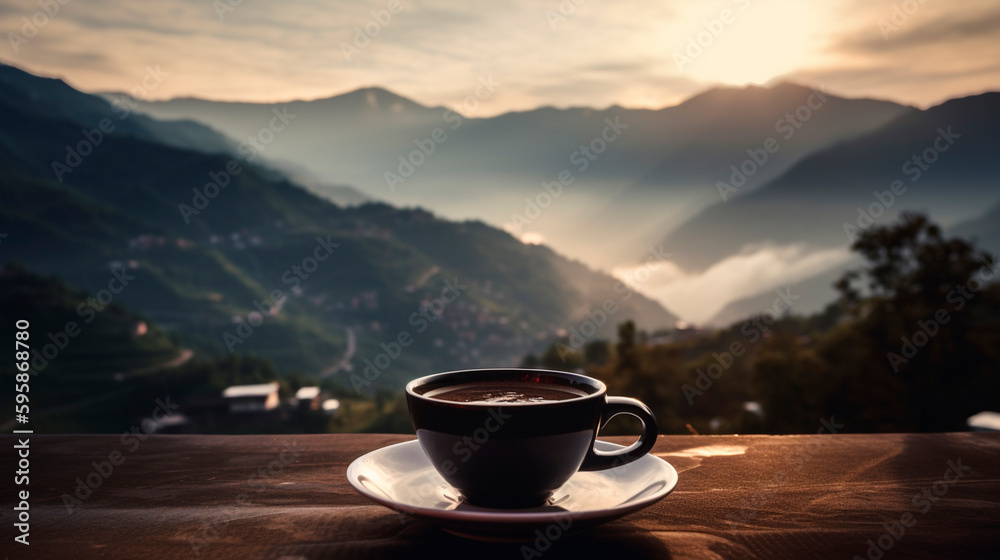 Cup of coffee on the background of nature. Generative AI, Cup of coffee on the background of nature. Generative AI,