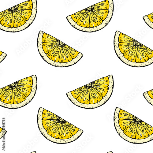  Lemon slice seamless pattern. Colorful hand drawn vector illustration in sketch style. Tropical exotic citrus fruit summer background