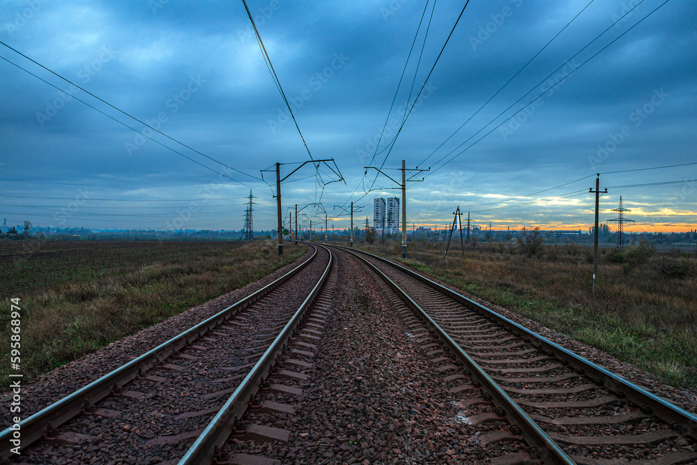 Railroad branch in cloudy morning Railroad branch in cloudy morning