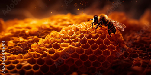 macro view of honeycomb with detail of bee with a beautiful hive