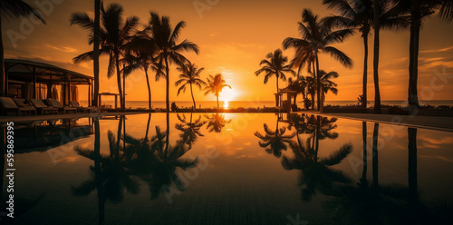 Palm trees and reflection in swimming pool  beach hotel  sunset