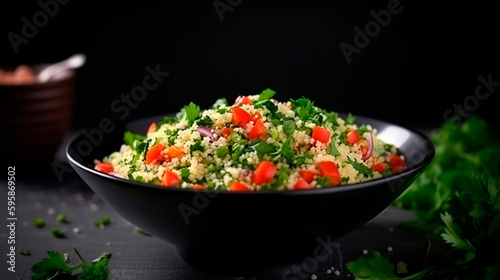 Tabbouleh salad on a black table. Levantine vegetarian salad with couscous in a bowl with parsley, mint, bulgur, tomato. Generative AI,