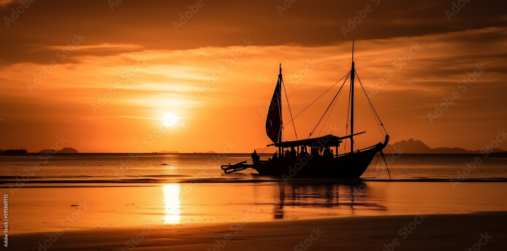 Silhouette of a traditional long-tail boat, beach, sunset 