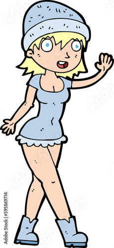 cartoon pretty girl in hat waving