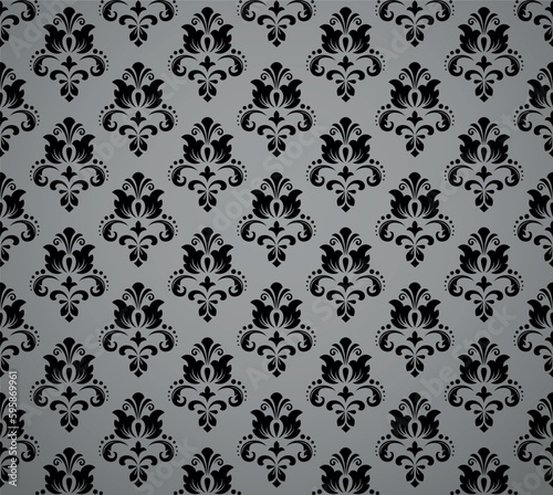 Wallpaper in the style of Baroque. Seamless vector background. Black and gray floral ornament. Graphic pattern for fabric, wallpaper, packaging. Ornate Damask flower ornament