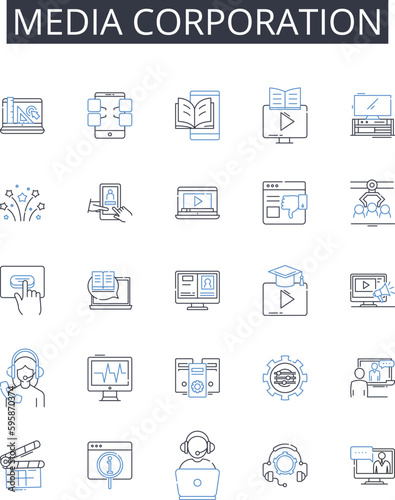 Media corporation line icons collection. Press outlet, News agency, Broadcast nerk, Publishing house, Communication conglomerate, Magazine publisher, Content provider vector and linear illustration