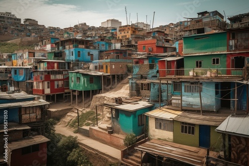Colorful shanty town in Lima, Peru, aimed at attracting tourists and improving the area. Generative AI © Eudora