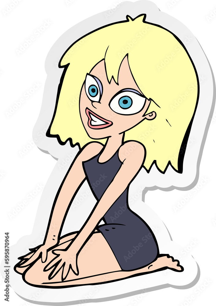 sticker of a cartoon happy woman in dress sticker of a cartoon happy woman in dress
