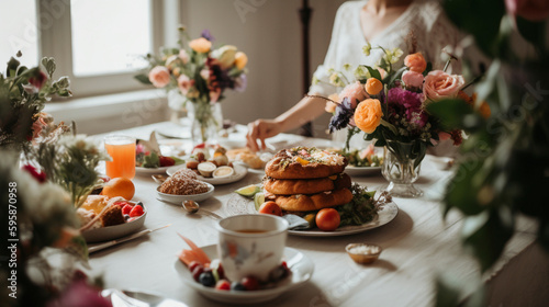 Brunch table with flowers and woman in the background soft focus. Generative AI,