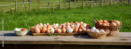 eggs on the table table in front of a field of chickens. Generative AI,