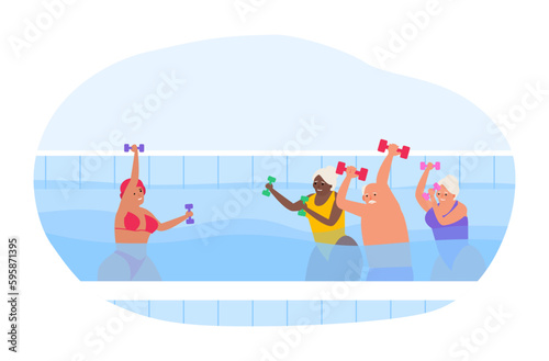aqua fitness senior people doing exercise in the swimming pool  vector illustration
