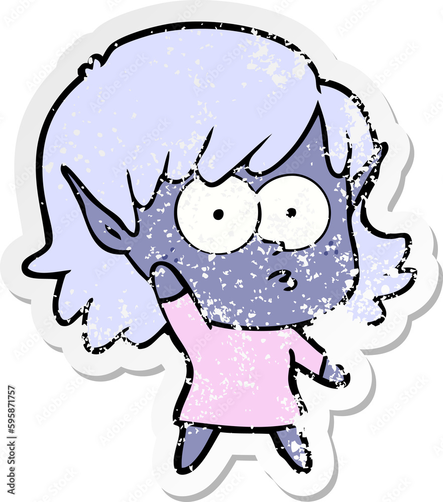 distressed sticker of a cartoon elf girl waving distressed sticker of a cartoon elf girl waving