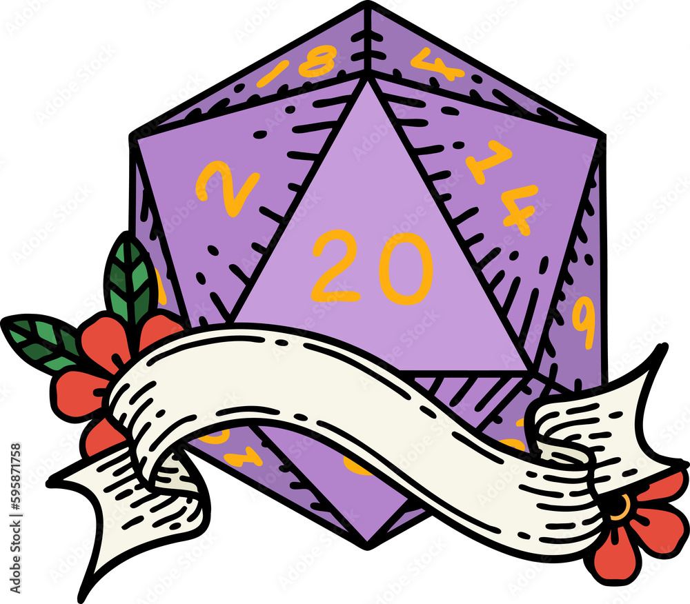 Retro Tattoo Style natural twenty D20 dice roll Retro Tattoo Style natural twenty D20 dice roll