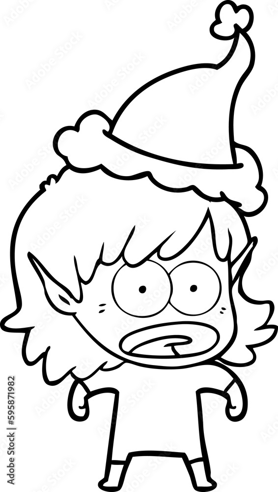 hand drawn line drawing of a shocked elf girl wearing santa hat