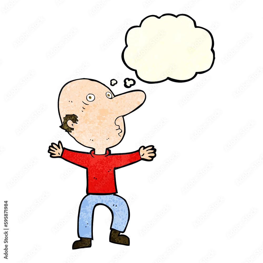 cartoon worried middle aged man with thought bubble