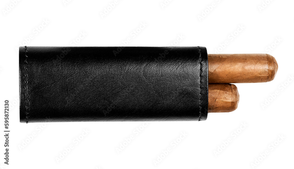 Black leather case and two Cuban cigars isolated on transparent background
