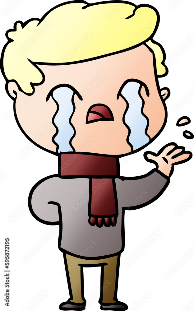 cartoon man crying wearing winter scarf