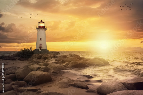 Leuchtturm im Sonnenuntergang an Felsenküste, Generative AI