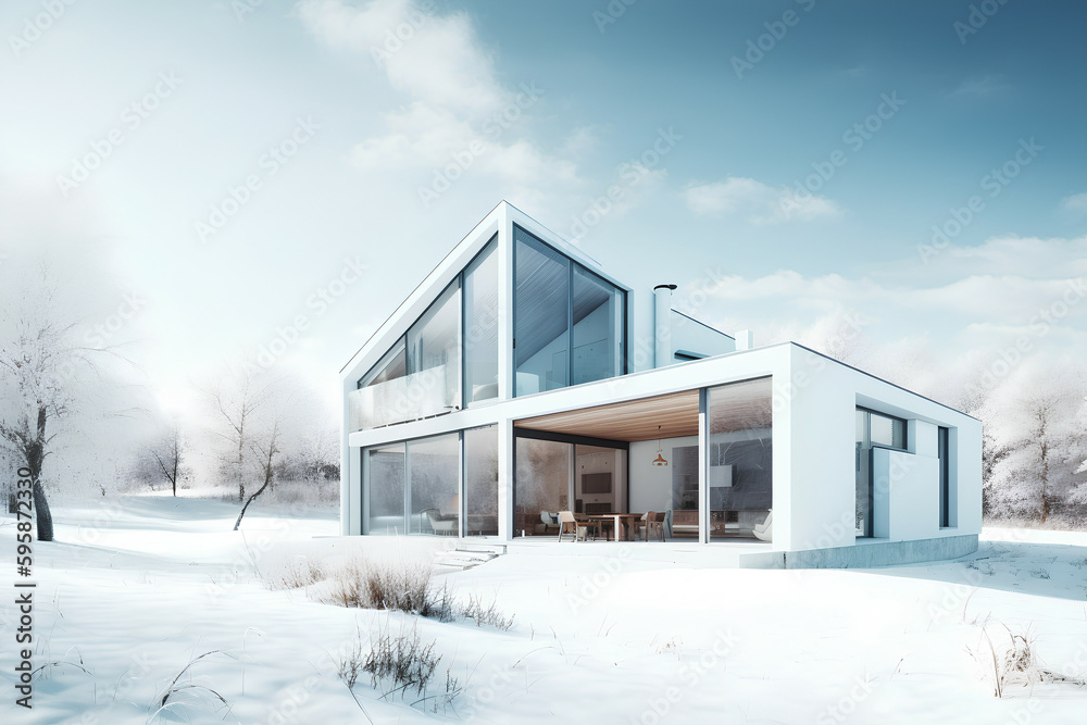 New Modern House with Large Windows and Garden in Rural Area Under Beautiful Sky, Generative AI