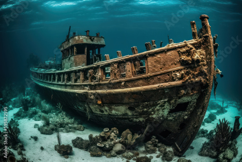 Rusty boat  wrecked vessel amidst reef in deep sea  generative AI