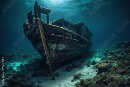 Rusty relic, abandoned ship found underwater at coral reef - generative AI