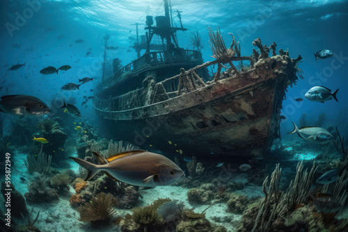 Tropical reef shipwreck - abandoned vessel and reef life - generative AI © Tadeusz