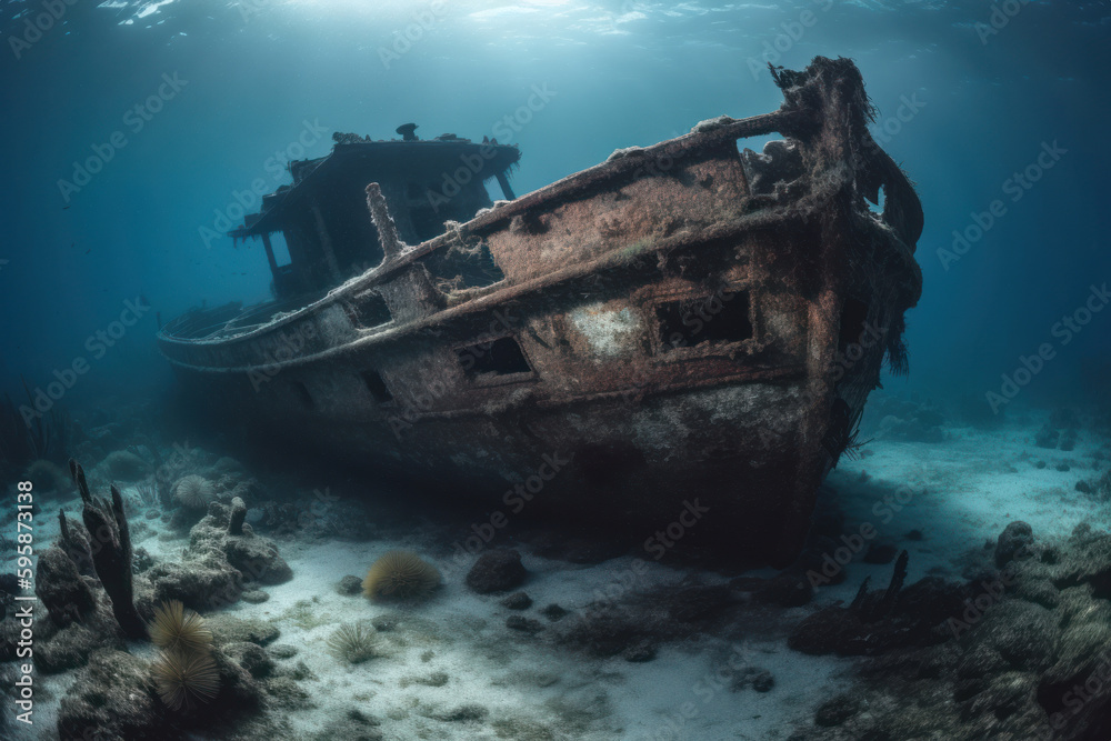 Rusty remains, wrecked ship found at the bottom of the ocean - generative AI Rusty remains, wrecked ship found at the bottom of the ocean - generative AI