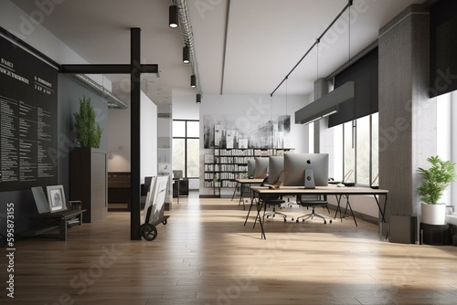3D-rendered modern office with a blank roll-up banner. Generative AI