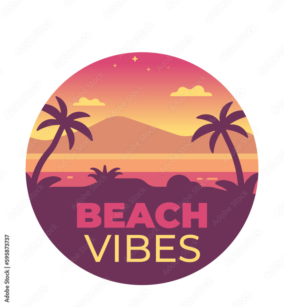 Summer beach vibes vector icon. Beach illustration with palm tree, sea and islands. Beach at sunset atmospheric illustration
