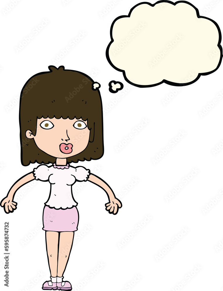 cartoon woman shrugging shoulders with thought bubble cartoon woman shrugging shoulders with thought bubble
