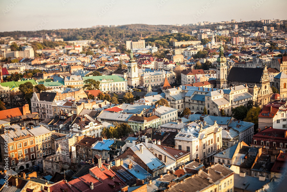Panorama of Lviv Ukraine. Image of an old Ukrainian city on a sunny day from a bird's eye view. Photos about travel and ancient architecture.