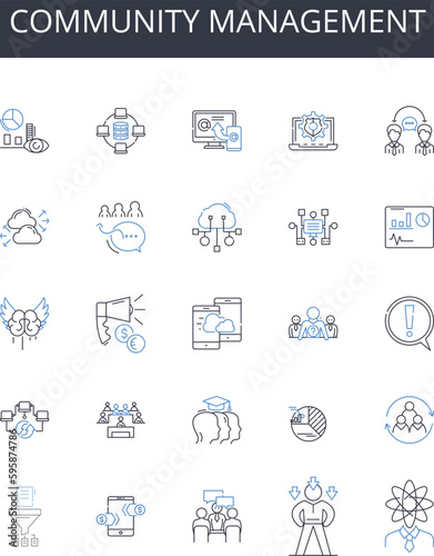 Community management line icons collection. Regulations, Laws, Policies, Reforms, Governance, Bureaucracy, Taxation vector and linear illustration. Welfare,Public services,Social security outline