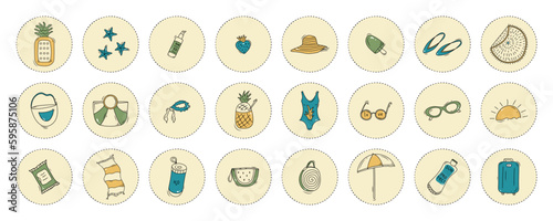 Groovy summer sticker pack. Doodle trendy travel illustrations in circles. Collection of sea travel stickers for planner
