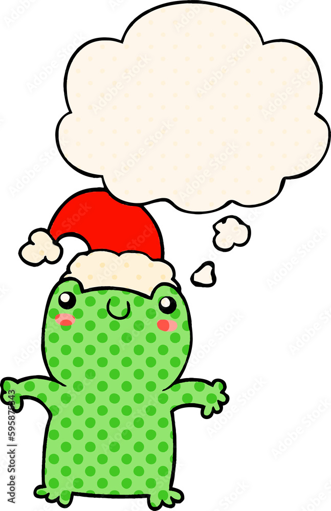 cute cartoon frog wearing christmas hat with thought bubble in comic book style cute cartoon frog wearing christmas hat with thought bubble in comic book style