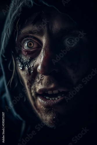 Close-up of a hooded man with a creepy look - ai generative