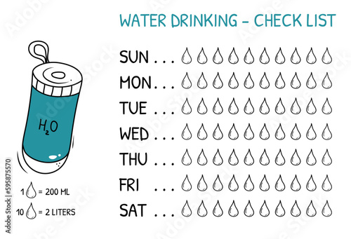 Weekly water tracker vector template with doodle illustration of H2O bottle. 10 drops 200 ml. 2 litres per day