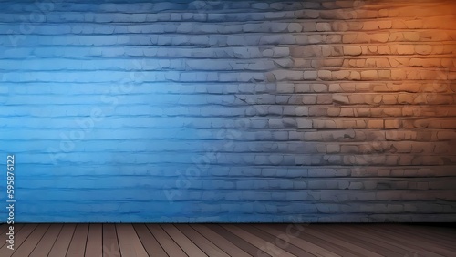 Bricks wall with colorful lights with wooden floor - Generative Ai